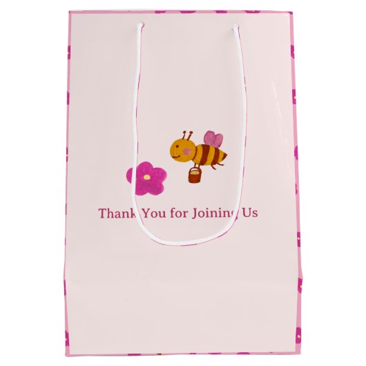 水色ピンクのウサギの庭の子供の誕生日 ミディアムペーパーバッグ (裏面)