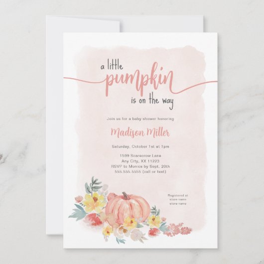 水色ピンクのカボチャ女の子の赤ちゃんシャワー 招待状 (正面)