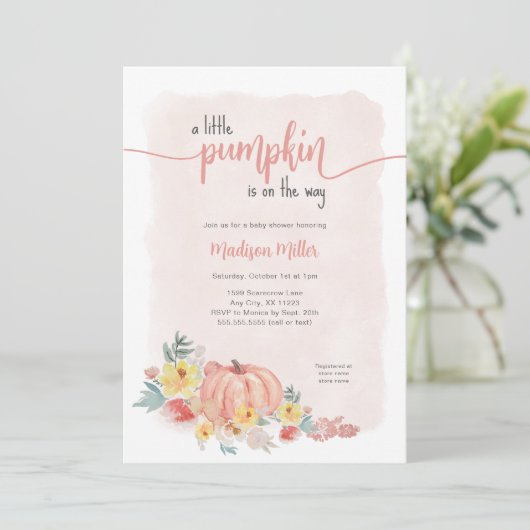 水色ピンクのカボチャ女の子の赤ちゃんシャワー 招待状 (スタンド正面)