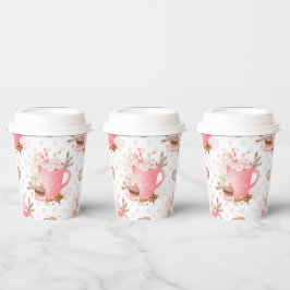 水色ピンクのクリスマスクッキーとココア 紙コップ