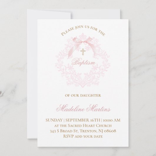 水色ピンクのクレスト小さな弓バプテスマ 招待状 (裏面)