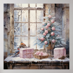 水色ピンクのシャッビーシックなクリスマスポスター ポスター