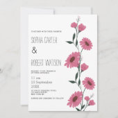 水色ピンクのダークグリーンデイジー結婚フローラ 招待状 (正面)