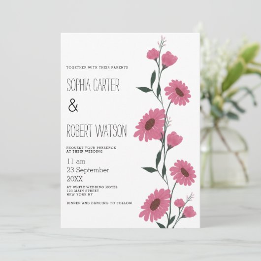 水色ピンクのダークグリーンデイジー結婚フローラ 招待状 (スタンド正面)