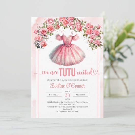 水色ピンクのチュウドレスバラと金ゴールドアーチ 招待状 (スタンド正面)