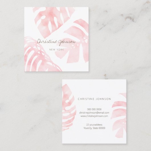 水色ピンクのトロピカル葉トカード スクエア名刺 (正面/裏面)