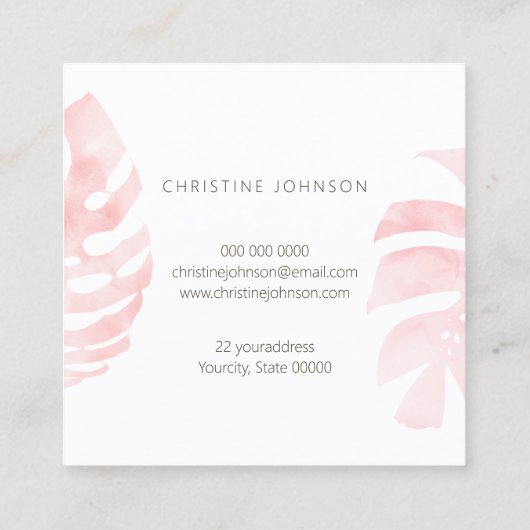 水色ピンクのトロピカル葉トカード スクエア名刺 (裏面)