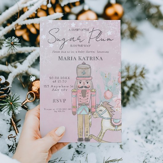 水色ピンクのナツクラッカーベビーシャワークリスマス 招待状