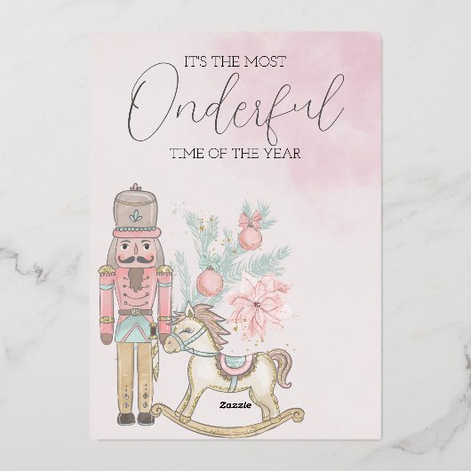 水色ピンクのナツクラッカー1st誕生日クリスマス 箔招待状 (裏面)