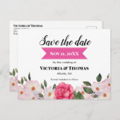 水色ピンクのバラの結婚式の日付を保存 案内ポストカード (正面/裏面)