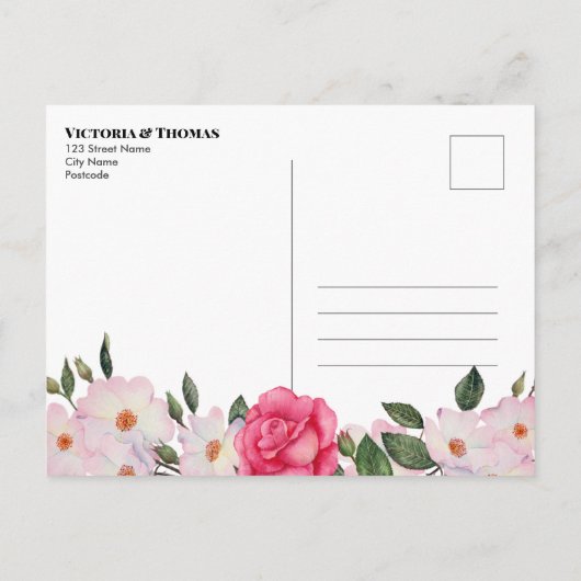 水色ピンクのバラの結婚式の日付を保存 案内ポストカード (裏面)