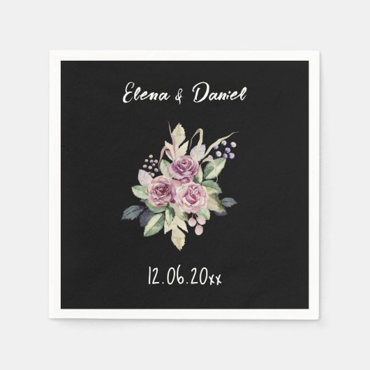 水色ピンクのバラ名ブラックミニマリスト スタンダードカクテルナプキン (正面)
