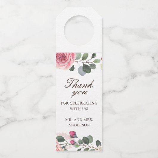 水色ピンクのバラ。フローラ結婚の感謝していお前 ボトルネックタグ (正面)