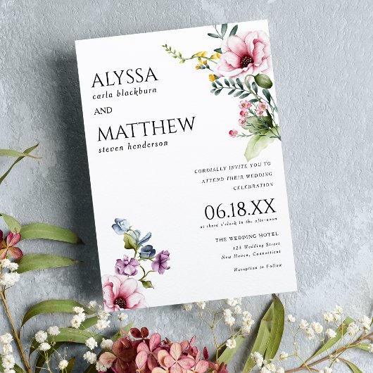 水色ピンクのバーガンディーグリーン結婚フローラ 招待状