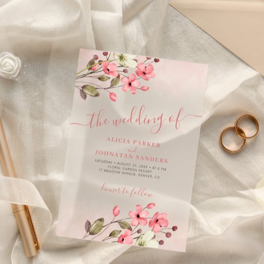 水色ピンクのフローラエレガントスクリプト結婚boho's アクリル招待状