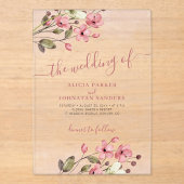 水色ピンクのフローラエレガントスクリプト結婚boho's アクリル招待状 (正面)