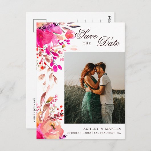 水色ピンクのフローラ結婚式の日付を保存 ポストカード (正面/裏面)