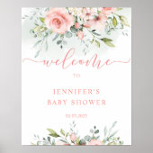 水色ピンクのフローラ赤ちゃんシャワー歓迎サイン ポスター (正面)