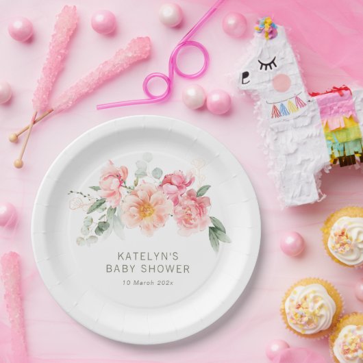 水色ピンクのフローラ赤ちゃんシャワー ペーパープレート (パーティー)