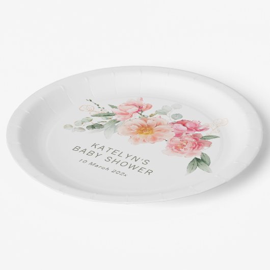水色ピンクのフローラ赤ちゃんシャワー ペーパープレート (アングル)