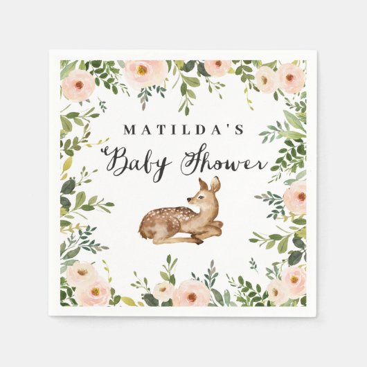 水色ピンクのフローラ鹿の森の赤ちゃんシャワー スタンダードカクテルナプキン (正面)