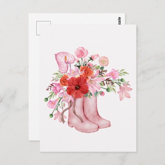 水色ピンクのブーツフローラブーケアート ポストカード (正面/裏面)