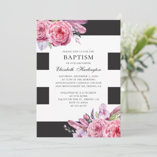 水色ピンクのボホの花と羽のバプテスマ 招待状 (スタンド正面)