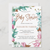 水色ピンクのマグノリアス銅赤ちゃん女の子シャワー 招待状 (正面)