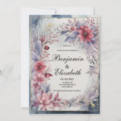 水色ピンクのラベンダーブルー金ゴールド結婚フローラ 招待状 (正面)