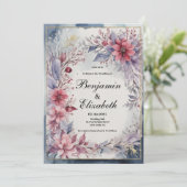 水色ピンクのラベンダーブルー金ゴールド結婚フローラ 招待状 (スタンド正面)