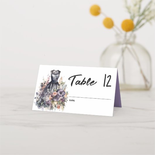 水色ピンクのローズブラック結婚のドレス名 プレイスカード (正面)