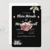 水色ピンクのワイルドフラワーフローラブラック結婚ズ 招待状 (正面/裏面)