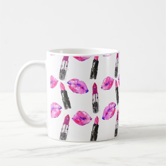 水色ピンクの唇の口紅の模様メイクアップ コーヒーマグカップ (左)