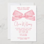 水色ピンクの弓の手の手の書赤ん坊の女の子シャワー 招待状 (正面)