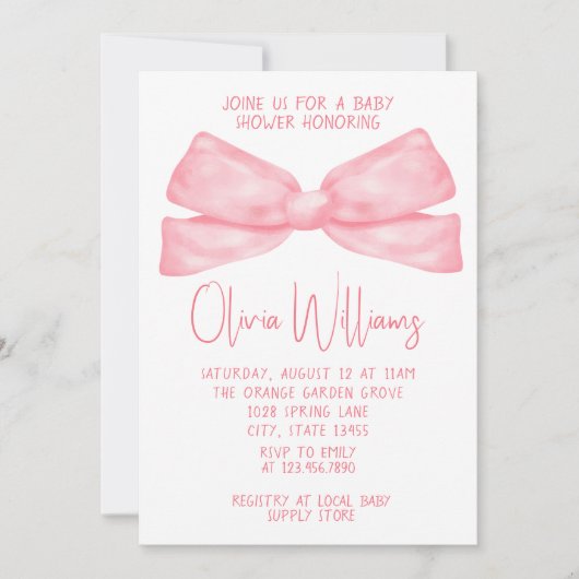 水色ピンクの弓の手の手の書赤ん坊の女の子シャワー 招待状 (正面)