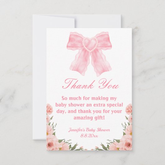 水色ピンクの弓の植物性の女の子の赤ちゃんシャワー サンキューカード (正面)