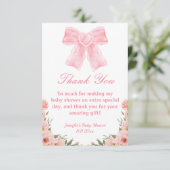 水色ピンクの弓の植物性の女の子の赤ちゃんシャワー サンキューカード (スタンド正面)