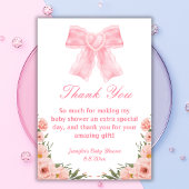 水色ピンクの弓の植物性の女の子の赤ちゃんシャワー サンキューカード