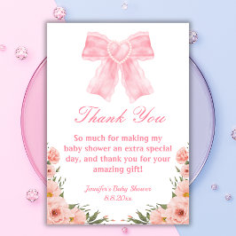 水色ピンクの弓の植物性の女の子の赤ちゃんシャワー サンキューカード