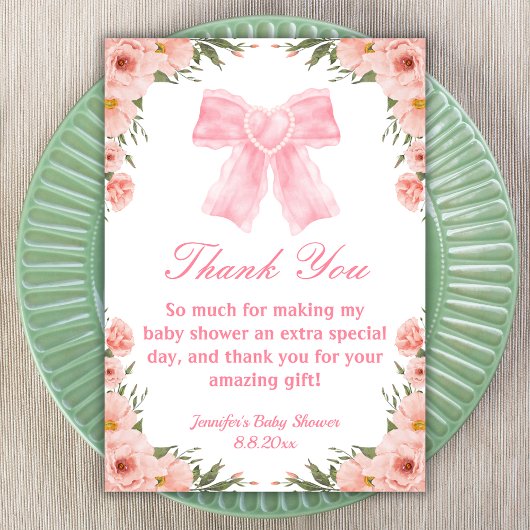水色ピンクの弓フローラ女の子の赤ちゃんシャワー サンキューカード