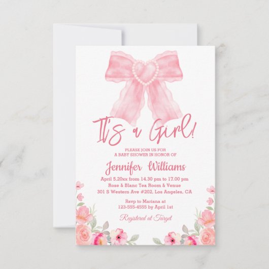 水色ピンクの弓フローラ女の子の赤ちゃんシャワー 招待状 (正面)