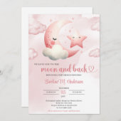 水色ピンクの月とバック女の子のベビーシャワー 招待状 (正面/裏面)