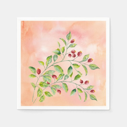 水色ピンクの果実と緑の結婚葉 スタンダードカクテルナプキン (正面)