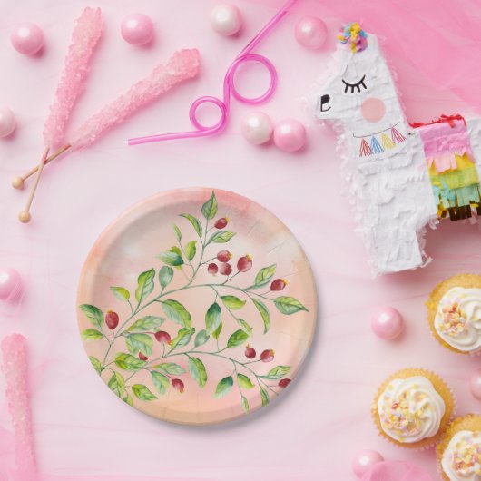 水色ピンクの果実と緑の結婚葉 ペーパープレート (パーティー)