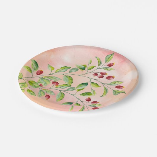 水色ピンクの果実と緑の結婚葉 ペーパープレート (アングル)