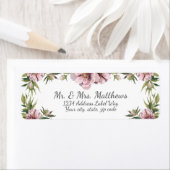 水色ピンクの牡丹と緑の差出人住所 ラベル (インサイチュ)