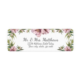 水色ピンクの牡丹と緑の差出人住所 ラベル