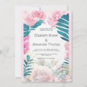 水色ピンクの牡丹のヤシの木のトロピカルズ結婚ズ 招待状 (正面)