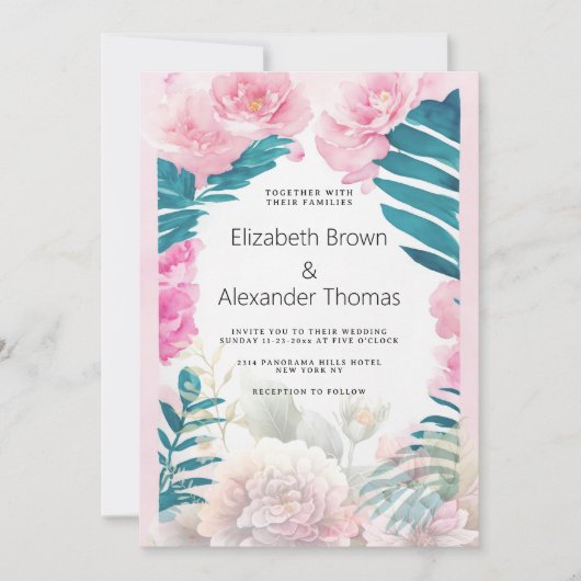水色ピンクの牡丹のヤシの木のトロピカルズ結婚ズ 招待状 (正面)