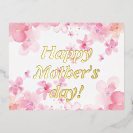 水色ピンクの白い花mothday wish 箔シーズンポストカード